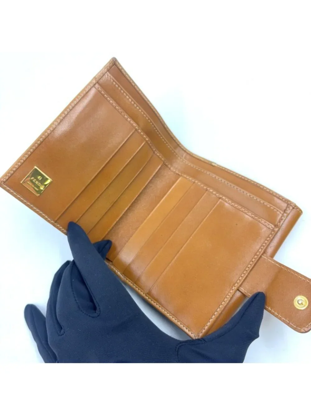 Fendi Pecan Leather Brown Beige Snap Wallet Gold